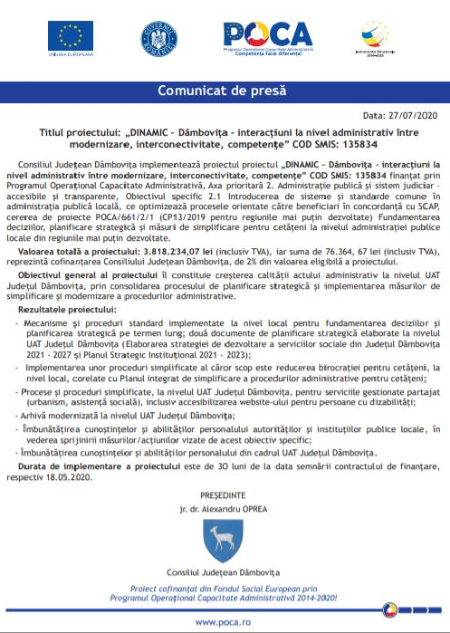 Consiliul Judeţean Dâmboviţa implementează proiectul proiectul „DINAMIC - Dâmboviţa - interacţiuni la nivel administrativ..