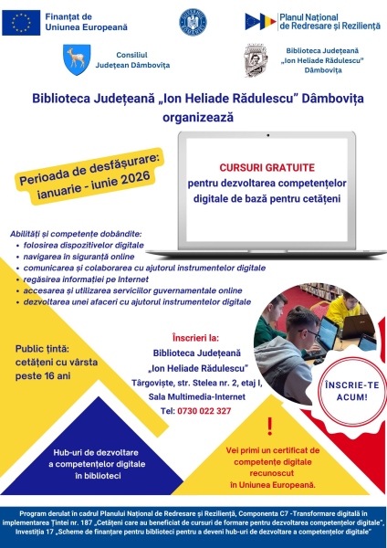 Cursuri gratuite pentru dezvoltarea competențelor digitale de bază pentru cetățeni, organizate la Biblioteca Județeană „I.H. Rădulescu” din Târgoviște