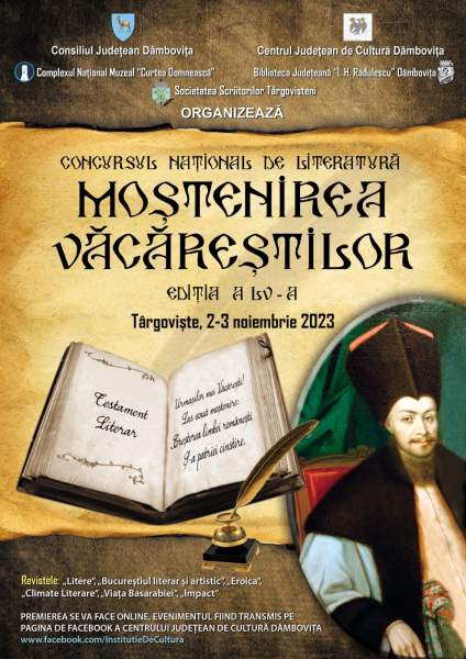  În perioada 2-3 noiembrie 2023 are loc a LV - a ediţie a Concursului Naţional de Literatură „Moştenirea Văcăreştilor”.