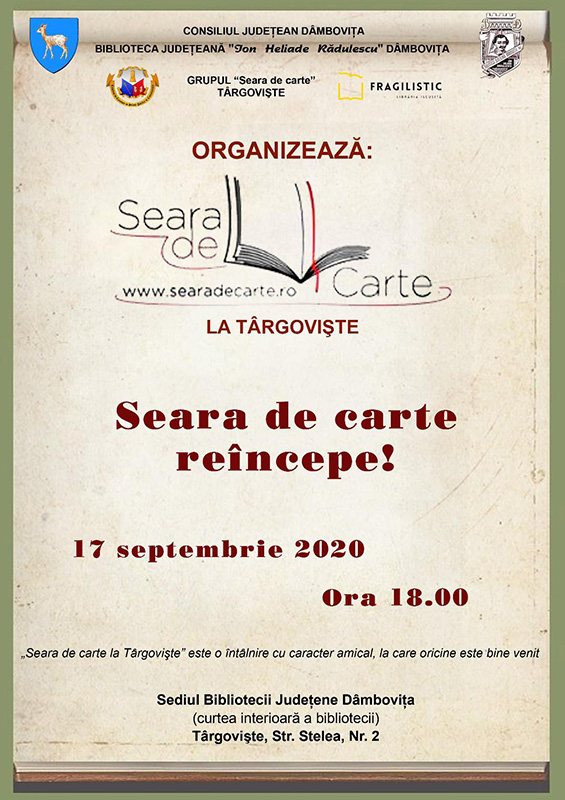  „Seara de carte” reîncepe, la Biblioteca Județeană „I. H. Rădulescu”